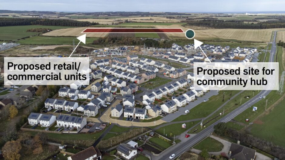 Drone image of Findrassie with locations of shop and community hub identified. 