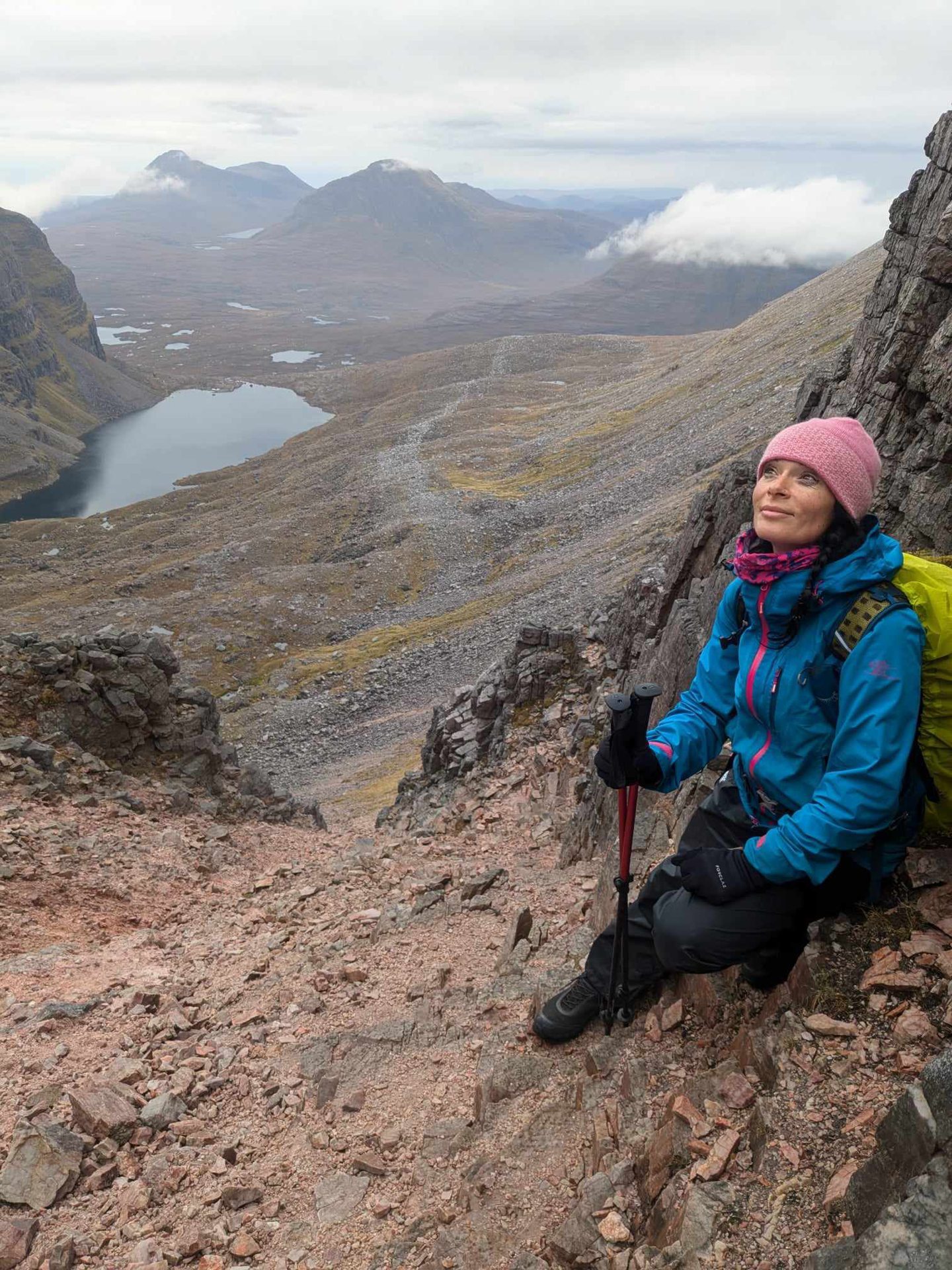 Gayle heads down the treacherous scree chute into Coire Mhic Fhearchair. Image: Colin Henderson.