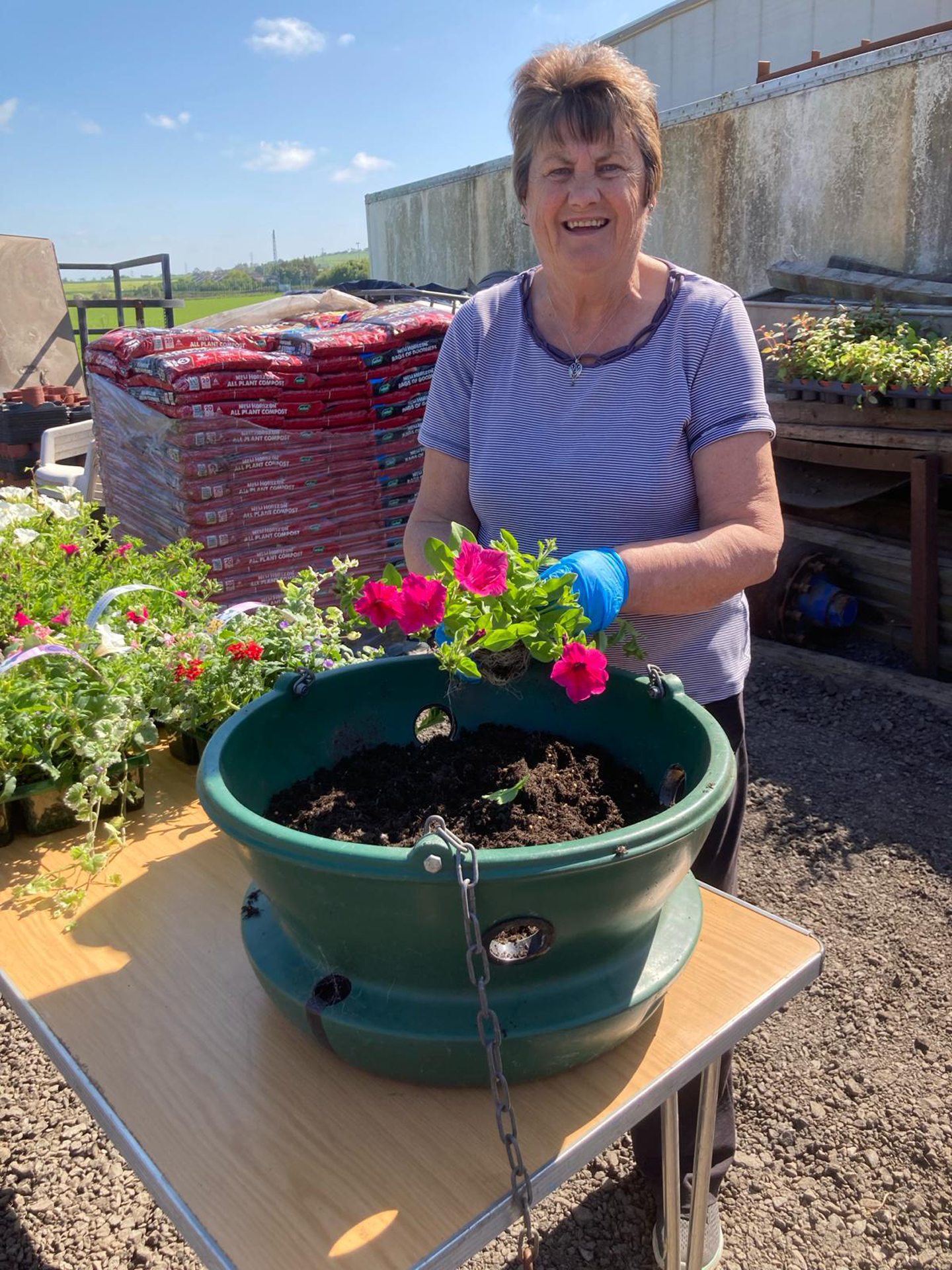 Helen Reid planting flowers. 