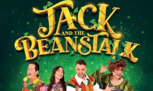 Green poster with members of the cast below Jack and the Beanstalk written in gold