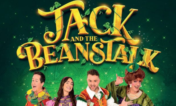 Green poster with members of the cast below Jack and the Beanstalk written in gold