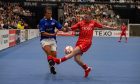 Aberdeen Masters' Jonny Hayes tackles Rangers Masters' Bruno Alves. Image: Kenny Elrick/DC Thomson.