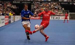 Aberdeen Masters' Jonny Hayes tackles Rangers Masters' Bruno Alves. Image: Kenny Elrick/DC Thomson.