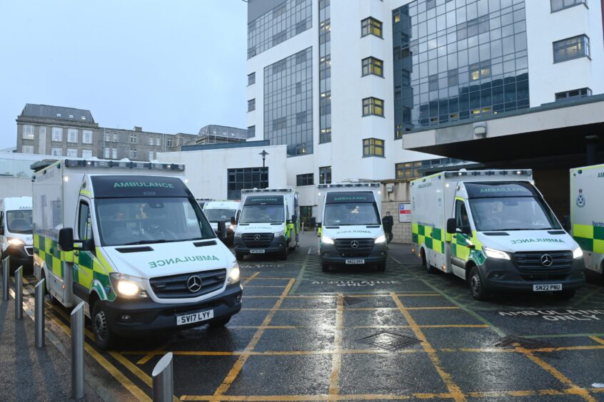 Ambulances queuing at Aberdeen Royal Infirmary in February 2023. Image: Kenny Elrick/DC Thomson