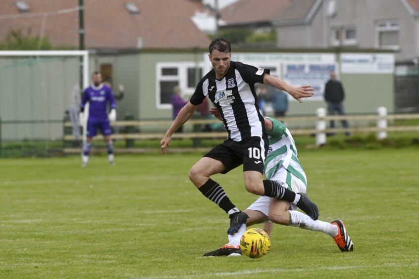 Ryan Sargent, in action for Elgin City against Buckie Thistle in Shaun Wood's testimonial in July 2024.