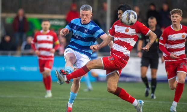 Banks o' Dee's Mark Gilmour, left, battles with Stephen Hendrie of Hamilton Academical in the Scottish Cup third round tie at Spain Park. Pictures by Kath Flannery/DCT Media.