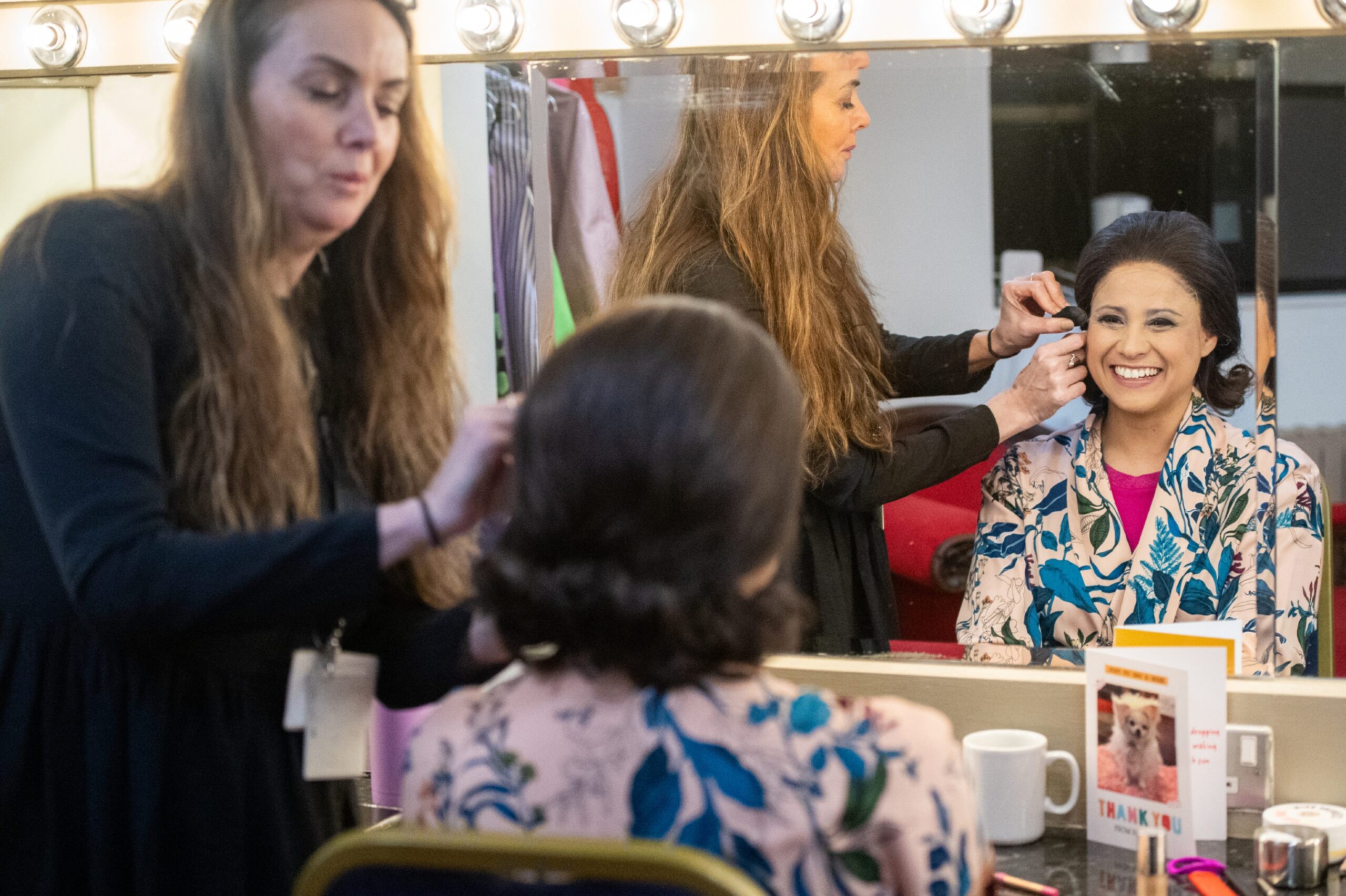 Stacey Alleaume getting her make up and hair done by Alison Chalmers tour wig manager 