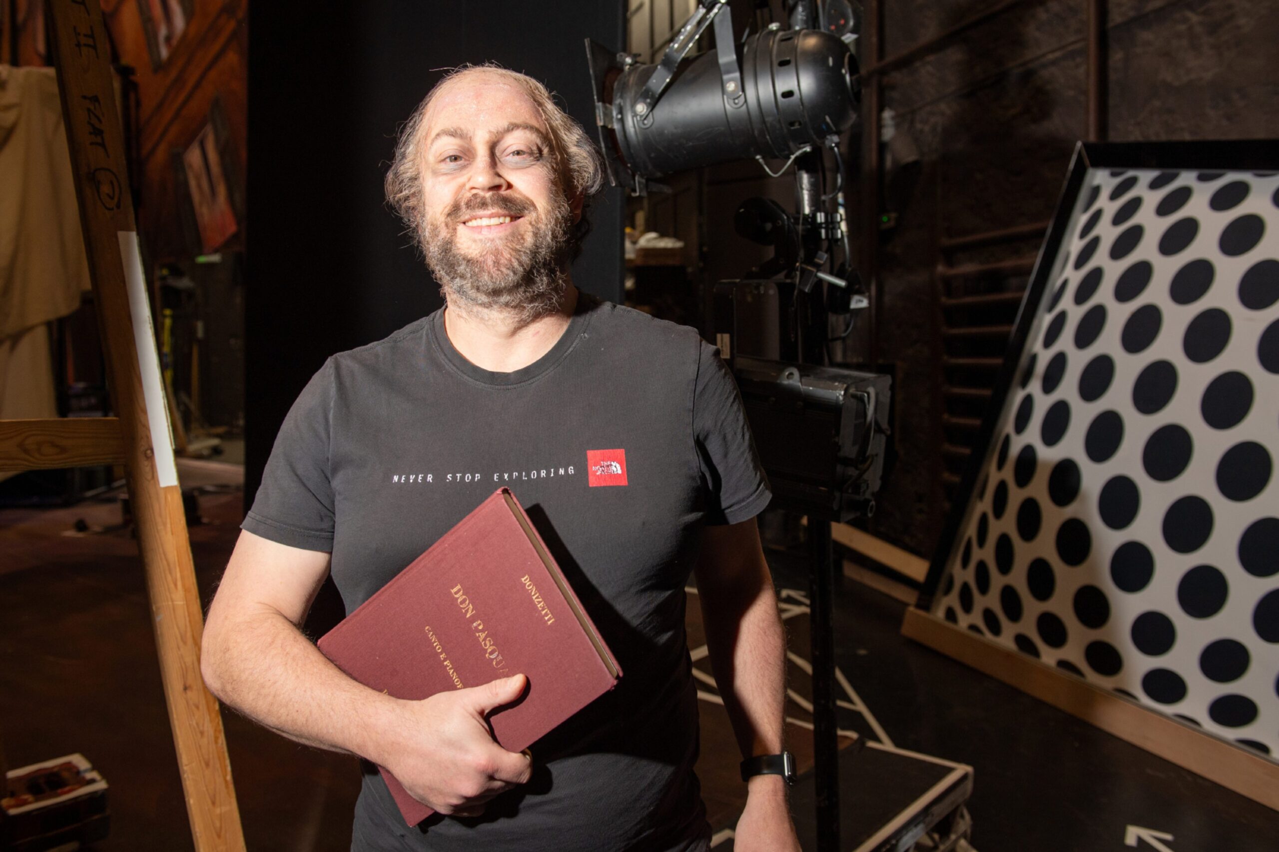 David Stout after having his hair and make-up done for Don Pasquale in Aberdeen. 