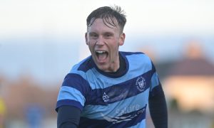 Lachie MacLeod celebrates scoring in Banks o' Dee's R Davidson (Banchory) Highland League Cup game against Nairn County. Pictures by Sandy McCook/DCT Media.