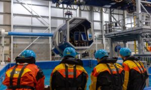 Getting ready to simulate a helicopter crash escape in the North Sea at 3t in Dyce. Image: by Scott Baxter / DC Thomson