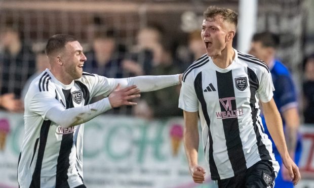 Fraserburgh goalscorers Kieran Simpson, right, and Connor Wood celebrate after Simpson netted the Broch's second goal against Annan Athletic in the Scottish Cup. Pictures by Jasperimage.