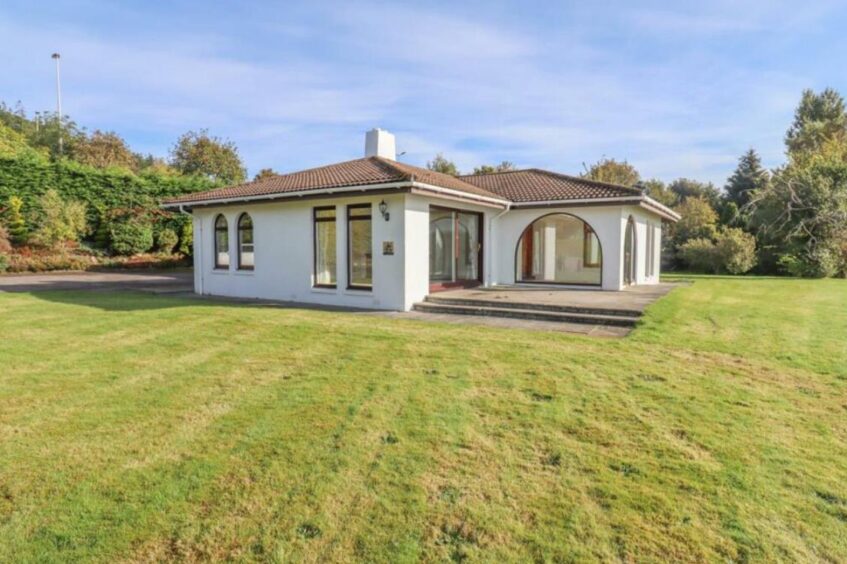 White bungalow with hedging and trees bordering the property.