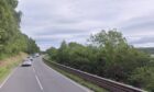 Traffic driving northbound on the A82 along the banks of Loch Ness as bushes line the route on both sides.