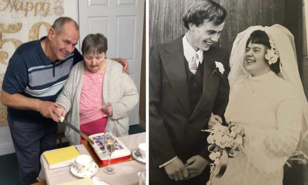 Mike and Madge Buchan at wedding and today