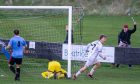 Cole Anderson, right, celebrates scoring for Inverurie Locos against Wick Academy. Photos by Jasperimage.