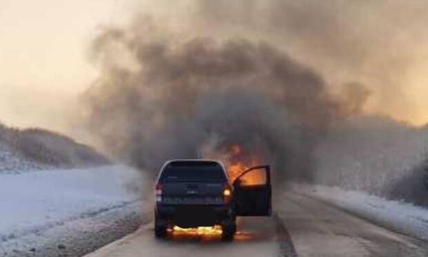 Car fire on the A96 north of Inverurie. Image: Fubar News.