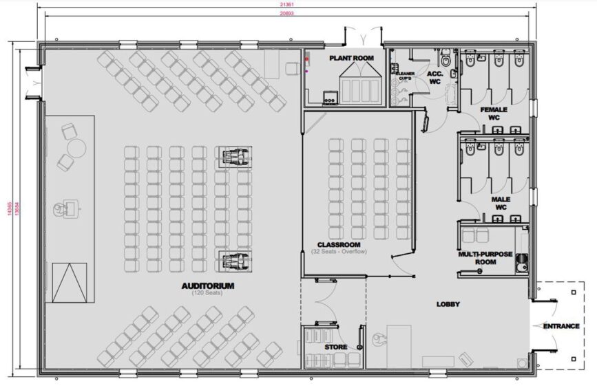 Floor plans showing auditorium to the left and amenities and the lobby to the right.