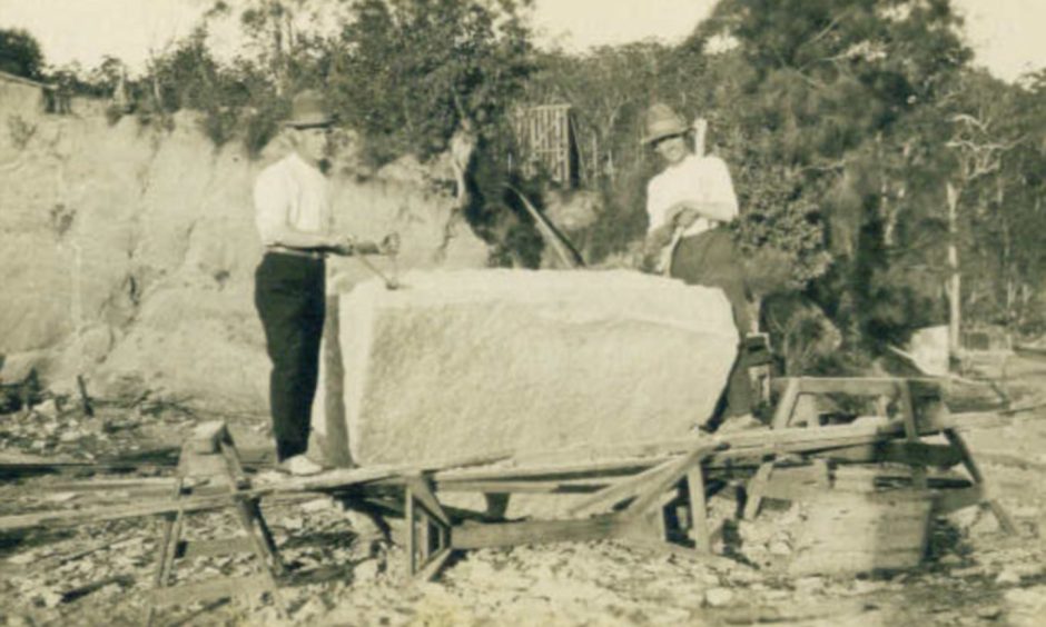 Stonemasons at the Granite Town quarry. Skilled workers from the north-east travelled to the site in search of jobs. Image: Supplied by Bill Glennie