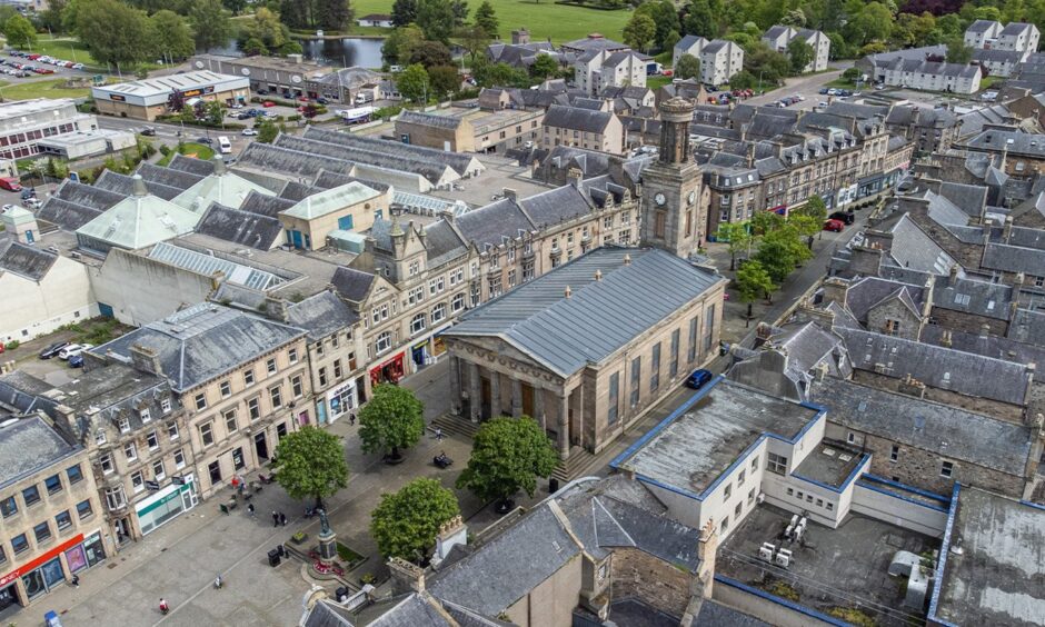 Drone image of Elgin High Street. 