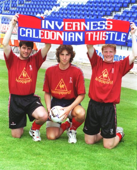 Three signings for Inverness Caledonian Thistle in the summer of 1998, from left: Gary Farquhar, Mike Newlands, and Martin Bavidge. Photographed at the Caledonian Stadium, Inverness. 