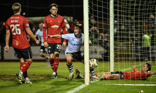 Alfie Bavidge of Ayr United scores his teams fourth goal against Falkirk. Image: Shutterstock.