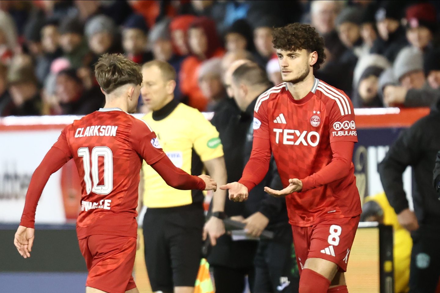 Dante Polvara (8) of Aberdeen comes on for Leighton Clarkson during the 3-1 loss to Hibs at Pittodrie. Image: Shutterstock 