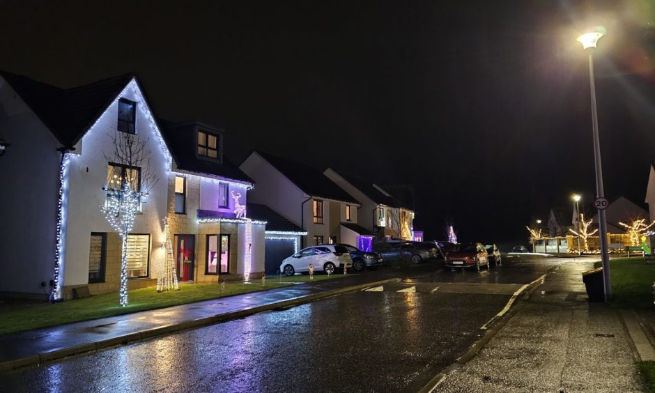 Stornoway Drive in Inverness covered in Christmas lights.