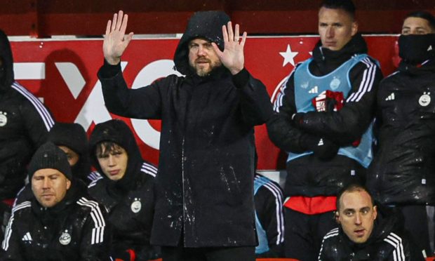 Aberdeen manager Jimmy Thelin during the 1-0 loss to Celtic at Pittodrie.  Image: SNS.