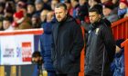 Aberdeen manager Jimmy Thelin directs his players from the touchline during the 1-1 draw with St Johnstone at Pittodrie.