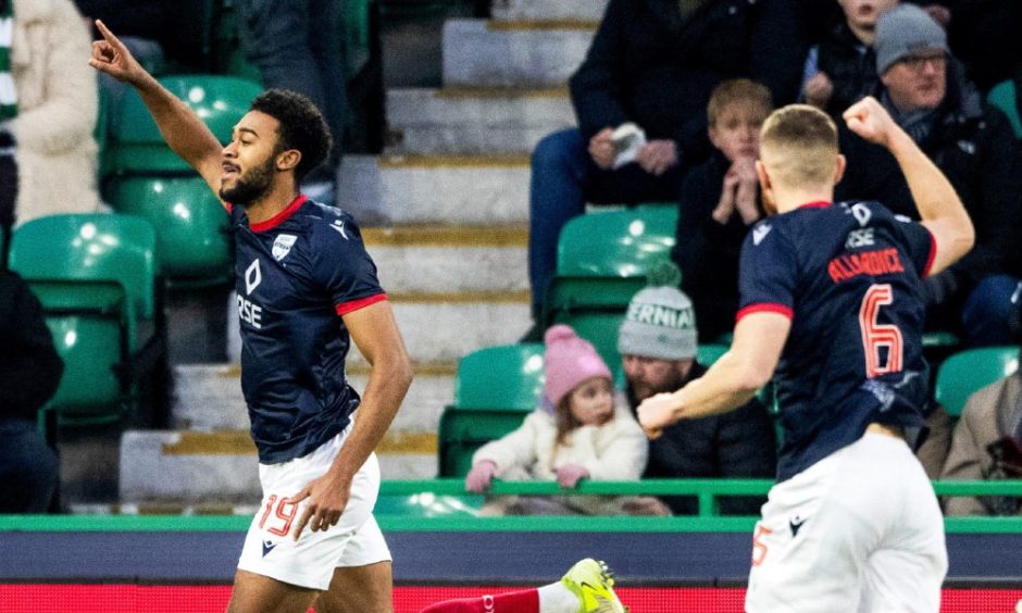 Ross County defender Eli Campbell, left, celebrates opening the scoring against Hibs at Easter Road Stadium, Edinburgh, followed by team-mate Scott Allardice.