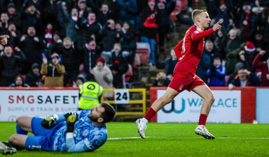 Aberdeen's Topi Keskinen celebrates putting his side ahead against Hibernian at Pittodrie.