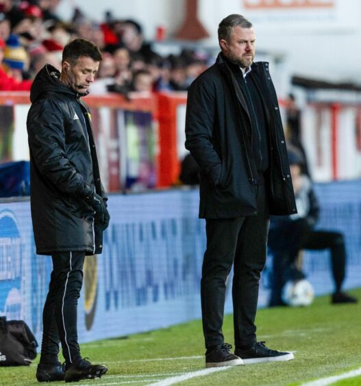 Aberdeen manager Jimmy Thelin standing on the touch-line during the 3-1 Premiership loss to Hibs at Pittodrie..