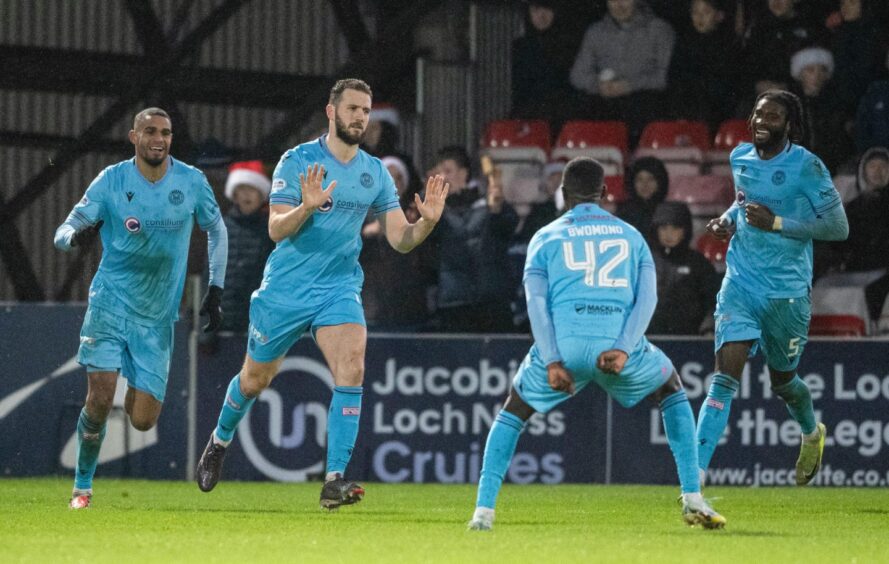 St Mirren's Alex Lacovitti puts his hands up as he refuses to celebrate after scoring against his old side. Image: Paul Devlin/SNS Group