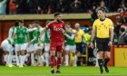 Aberdeen's Graeme Shinnie (L) complains to referee Steven McLean during a Premiership match against Hibs at Pittodrie. Image: SNS