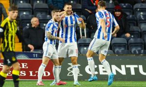 Kilmarnock's Innes Cameron (C) celebrates scoring to make it 3-0 against Aberdeen with teammates Bruce Anderson (L) and Lewis Mayo at Rugby Park. Image: SNS