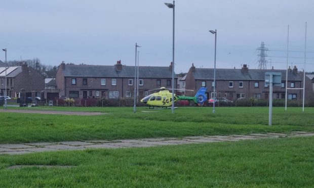 The air ambulance has landed at Catto Park in Peterhead. Image: Buchan Live / William Holdsworth