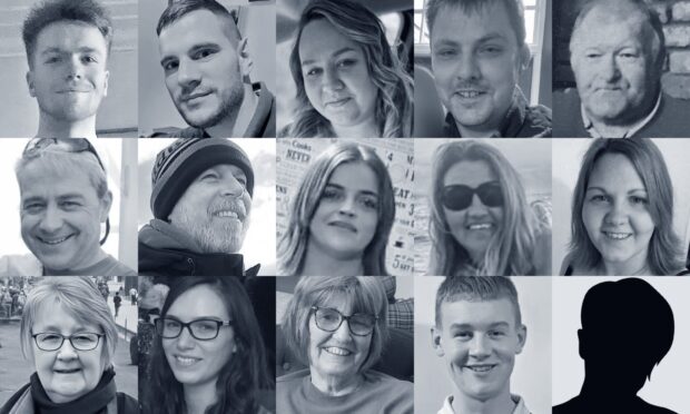 A photo montage showing headshots of the the nineteen people who died in accidents on the A96 road between Aberdeen and Inverness