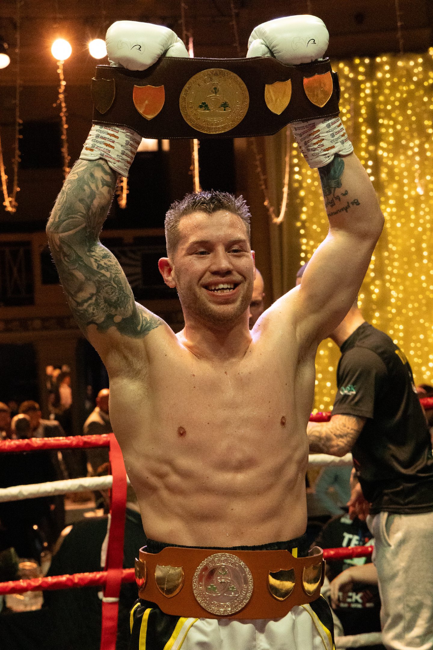 Dean Sutherland holds aloft the Celtic super-welterweight title after a successful title defence against Fraser Wilkinson in Aberdeen. 