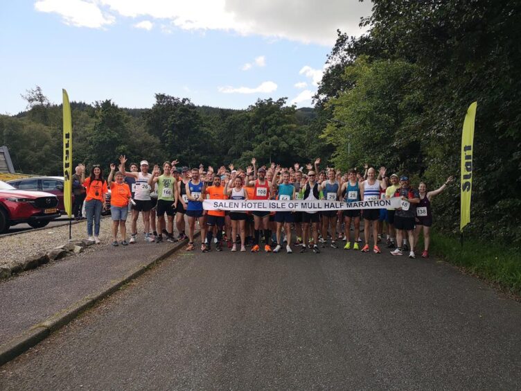 runners behind the tape at the start of the Mull Half Marathon