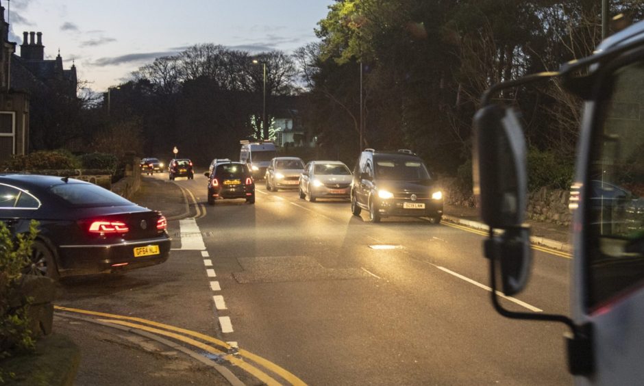 Traffic waiting to turn into Wittet Drive from A96. 