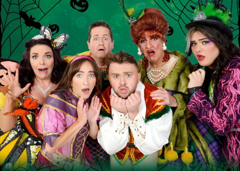 Cast of Jack and the Beanstalk on green background.