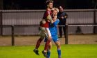 Deveronvale's Murray Esson, left, and Ethan Hopkinson celebrate after their penalty shoot-out win against Huntly in the R Davidson (Banchory) Highland League Cup. Pictures by Kenny Elrick/DCT Media.