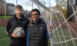 Picture of (L-R) Kyle Munro and Rishabh Adhangale from Sport Aberdeen at 5ives Football in Aberdeen