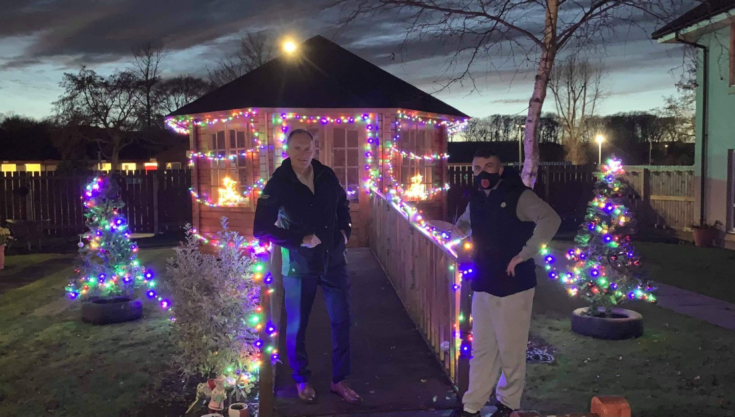 Aberdeen FC legend Jim Leighton and Lee McAllister open up a Christmas grotto at Jesmond Care Home, Aberdeen in 2020 during the pandemic. 