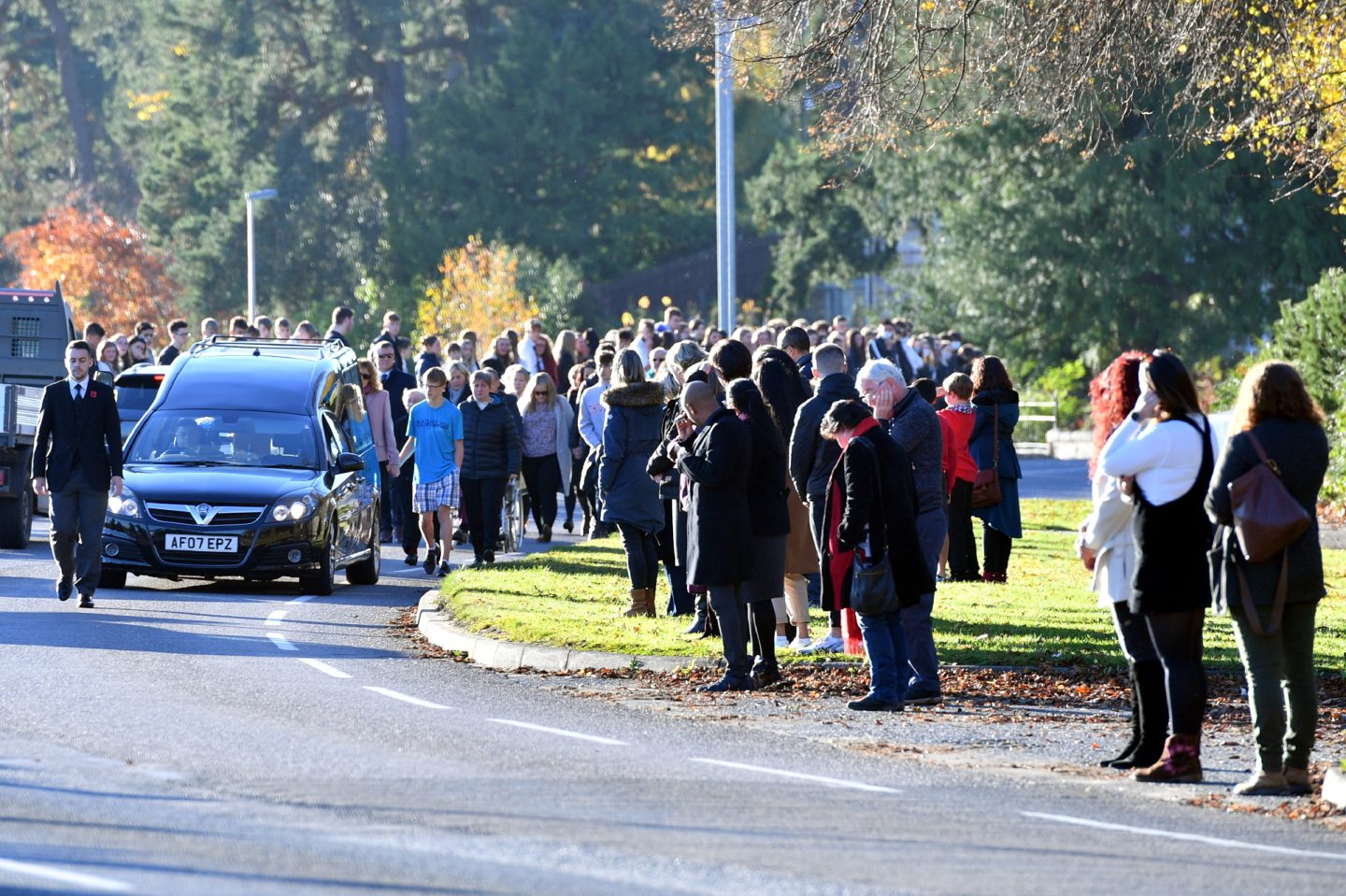 The Cortege for the funeral of Corey Liversedge makes its way along Ballater Road in Aboyne.