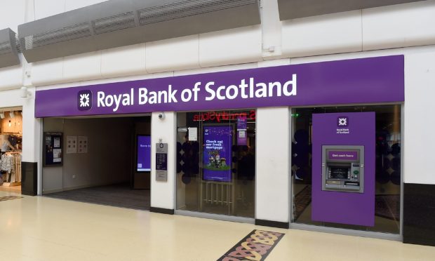 Purple facade of RBS branch with in Eastgate Shopping Centre.