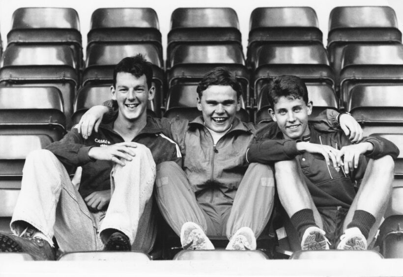 From left - Colin Milne, Kenny Gilbert and Derek Reeley - three under-17 Scottish internationals at Aberdeen FC - pictured in May 1992. 