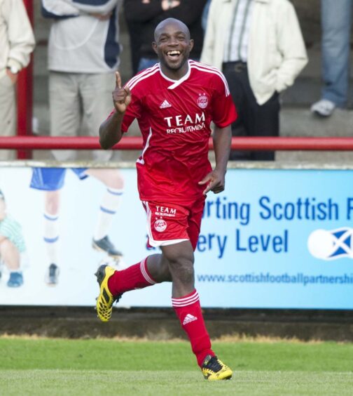 Patrick Bengondo celebrates scoring a goal for Aberdeen at Brechin City in 2011.