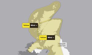 Map showing yellow weather warnings covering the whole of Scotland