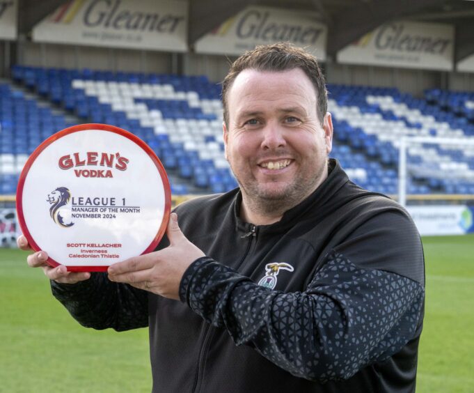 Inverness Caledonian Thistle head coach Scott Kellacher with his Glen's Vodka SPFL League One manager of the month award for November. Pictured at the Caledonian Stadium, Inverness. 